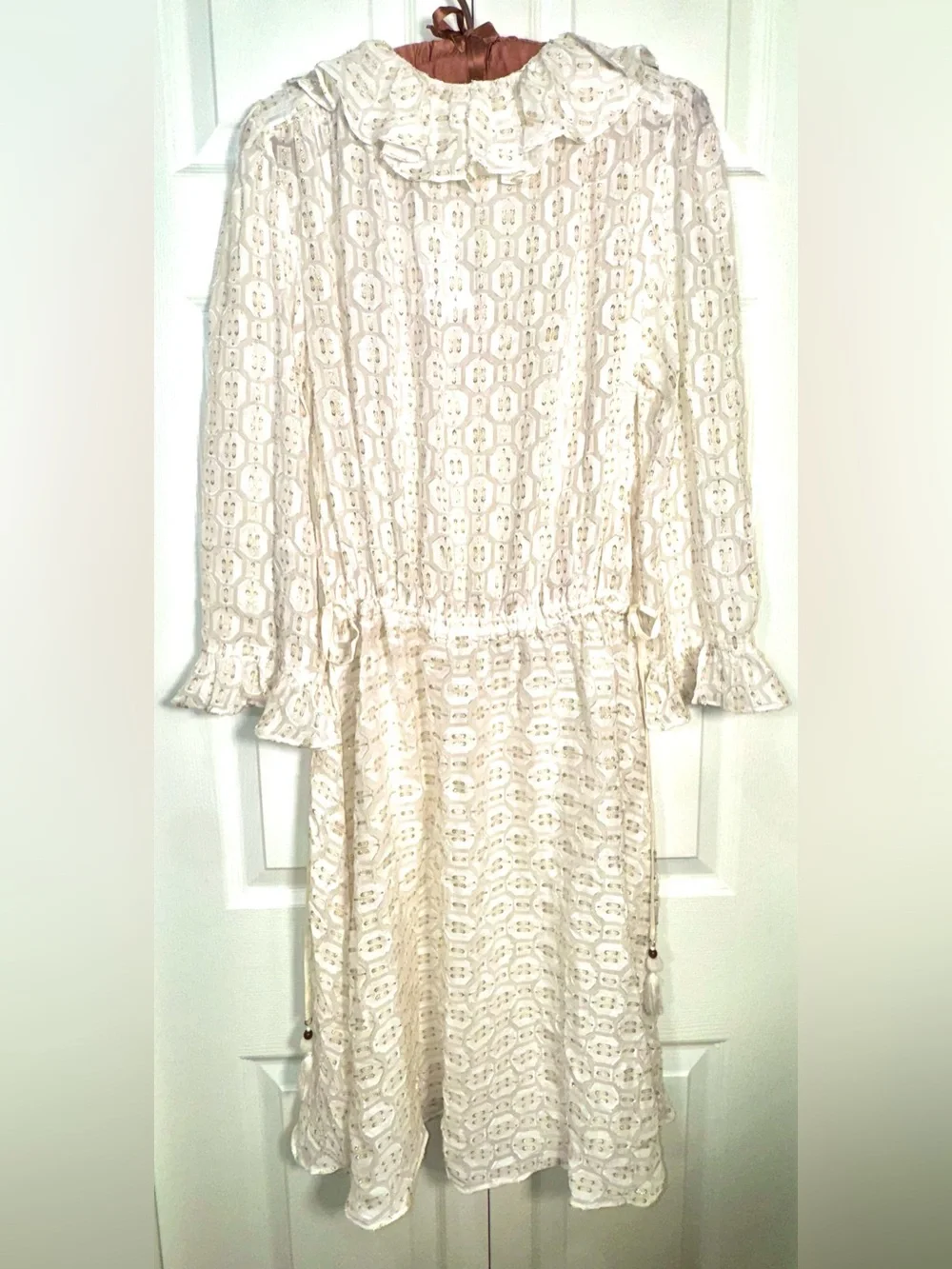 Tory Burch Jasmine Dress Ivory Gold Metallic Ruffle Silk Blend Sz 4 No slip NWT